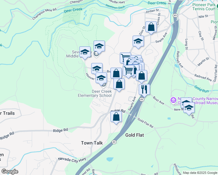 map of restaurants, bars, coffee shops, grocery stores, and more near 805 Lindley Avenue in Nevada City
