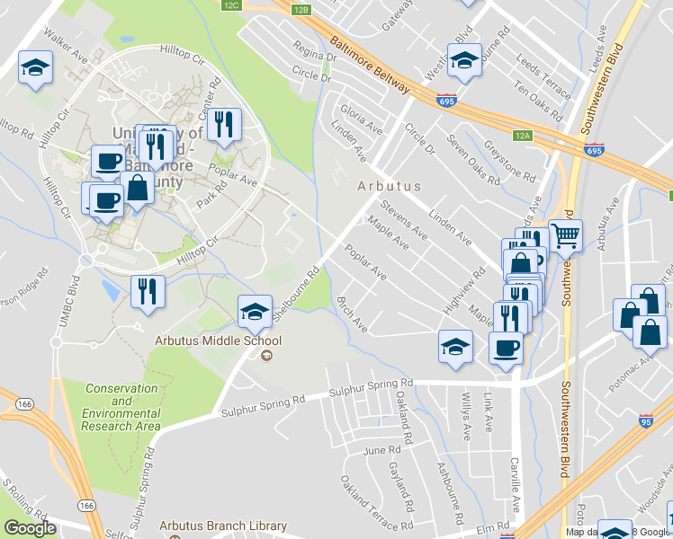 map of restaurants, bars, coffee shops, grocery stores, and more near 1205 Locust Avenue in Halethorpe