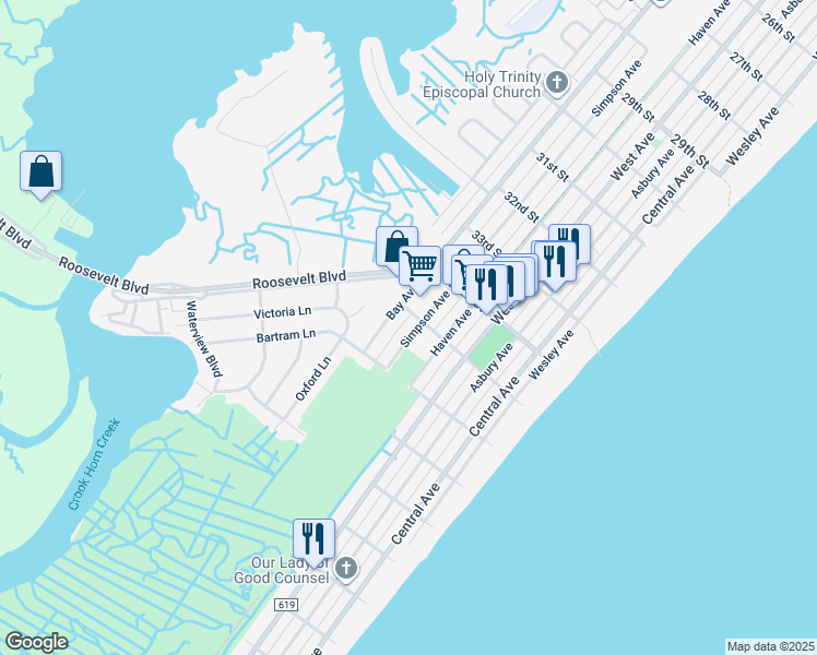 map of restaurants, bars, coffee shops, grocery stores, and more near 3508 Simpson Avenue in Ocean City