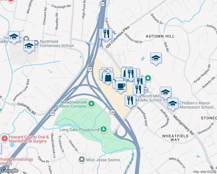 map of restaurants, bars, coffee shops, grocery stores, and more near 4360 Montgomery Road in Ellicott City