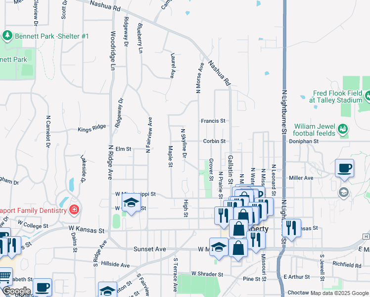 map of restaurants, bars, coffee shops, grocery stores, and more near 555 North Skyline Drive in Liberty