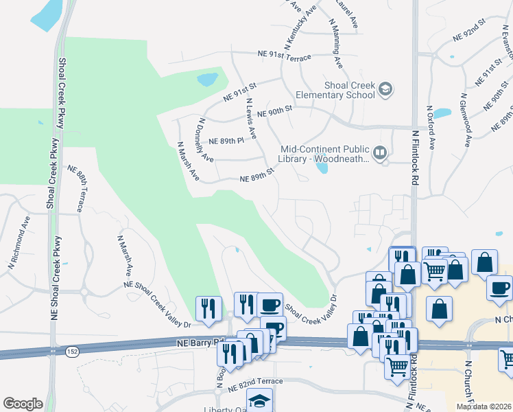 map of restaurants, bars, coffee shops, grocery stores, and more near 8828 North Lewis Avenue in Kansas City
