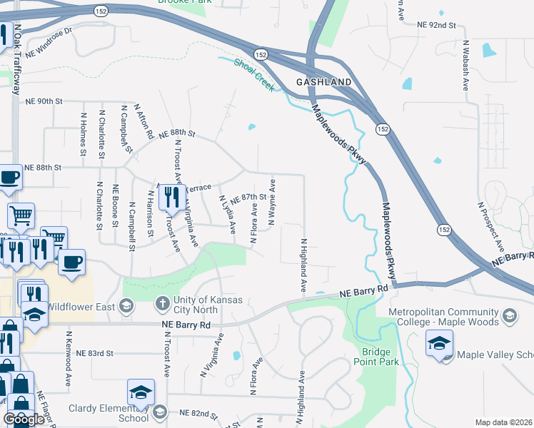 map of restaurants, bars, coffee shops, grocery stores, and more near 8639 North Wayne Avenue in Kansas City