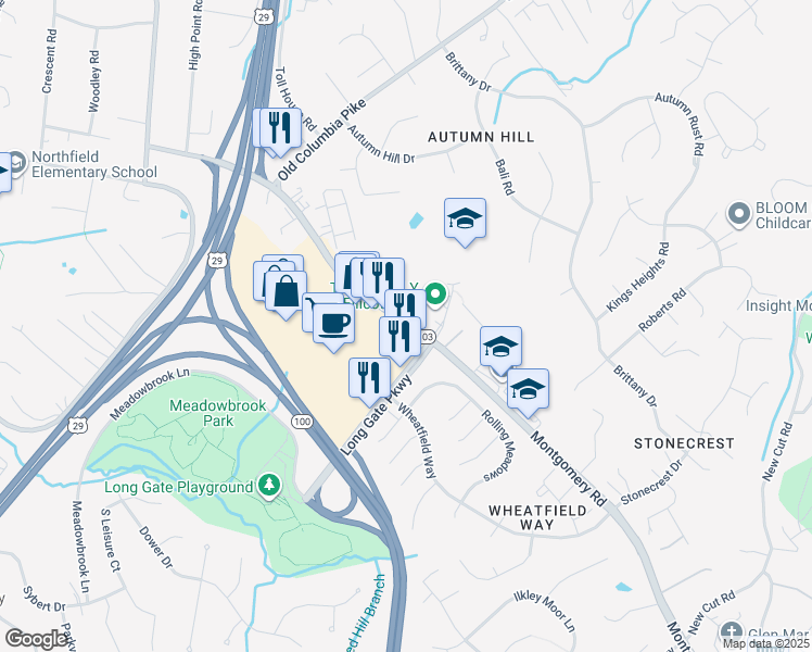 map of restaurants, bars, coffee shops, grocery stores, and more near 4310 Montgomery Road in Ellicott City