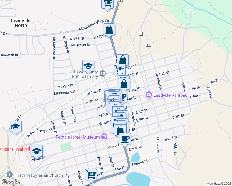map of restaurants, bars, coffee shops, grocery stores, and more near 131 East 10th Street in Leadville