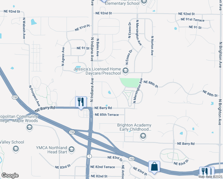 map of restaurants, bars, coffee shops, grocery stores, and more near 8612 North Askew Avenue in Kansas City