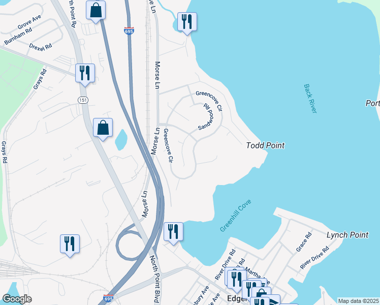 map of restaurants, bars, coffee shops, grocery stores, and more near 4607 Greencove Circle in Sparrows Point