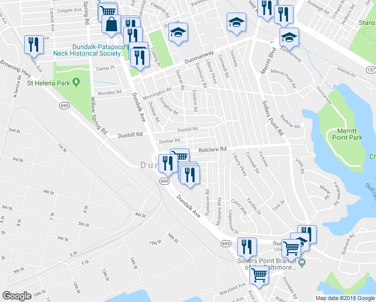 map of restaurants, bars, coffee shops, grocery stores, and more near 3299 Dunran Road in Dundalk