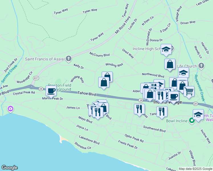 map of restaurants, bars, coffee shops, grocery stores, and more near 347 Cottonwood Court in Incline Village