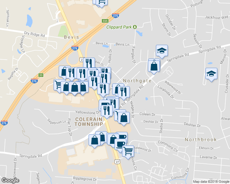 map of restaurants, bars, coffee shops, grocery stores, and more near 3522 Alamosa Drive in Cincinnati