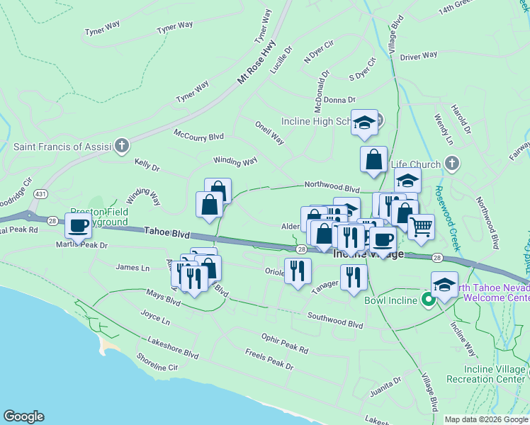 map of restaurants, bars, coffee shops, grocery stores, and more near 810 Alder Avenue in Incline Village