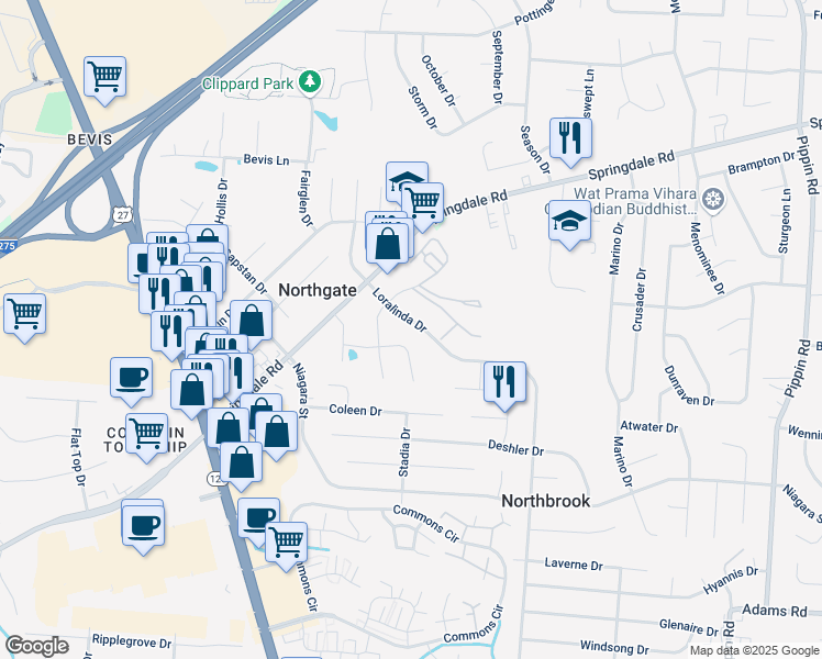 map of restaurants, bars, coffee shops, grocery stores, and more near 9925 Loralinda Drive in Cincinnati