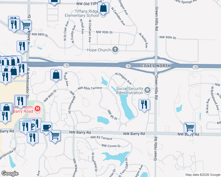 map of restaurants, bars, coffee shops, grocery stores, and more near 5106 Northwest 86th Terrace in Kansas City
