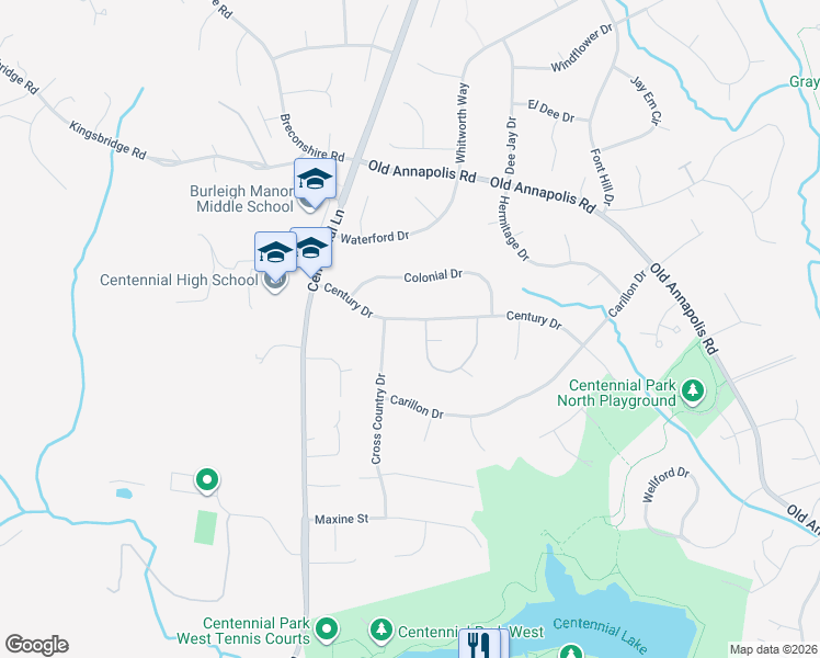 map of restaurants, bars, coffee shops, grocery stores, and more near 10105 Century Drive in Ellicott City