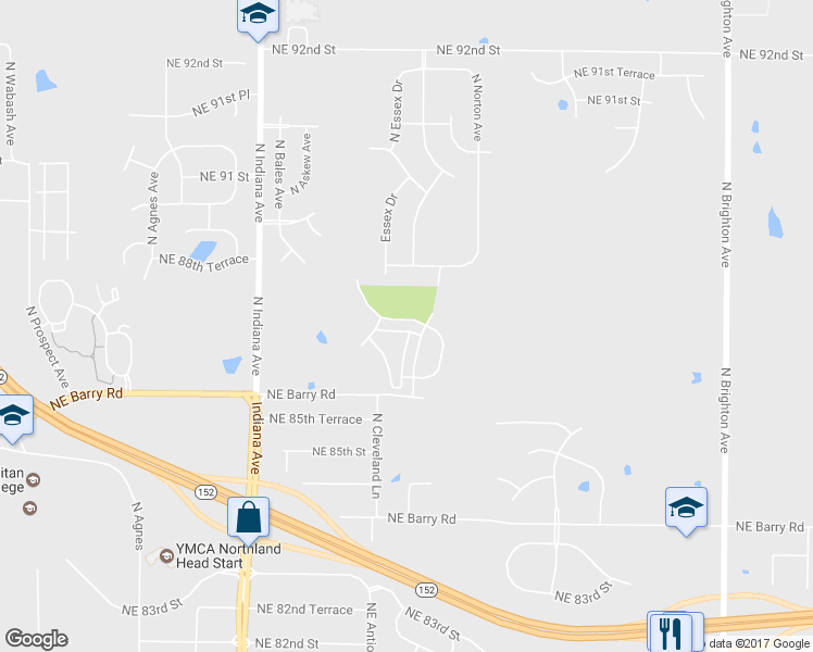 map of restaurants, bars, coffee shops, grocery stores, and more near 3818 Northeast 86th Terrace in Kansas City
