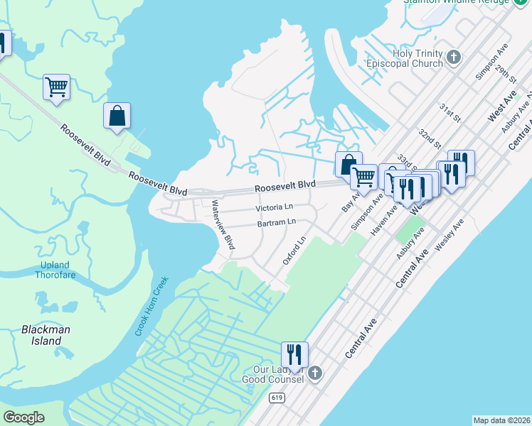 map of restaurants, bars, coffee shops, grocery stores, and more near 123 Victoria Lane in Ocean City