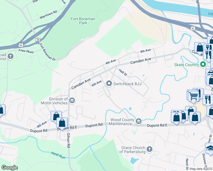 map of restaurants, bars, coffee shops, grocery stores, and more near 716 7th Avenue in Parkersburg