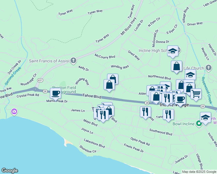 map of restaurants, bars, coffee shops, grocery stores, and more near 347 Cottonwood Court in Incline Village