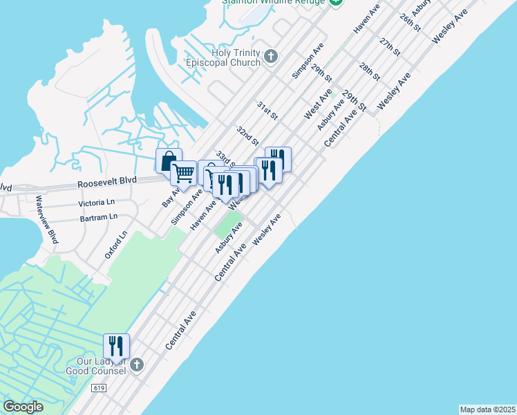 map of restaurants, bars, coffee shops, grocery stores, and more near 3319 Asbury Avenue in Ocean City