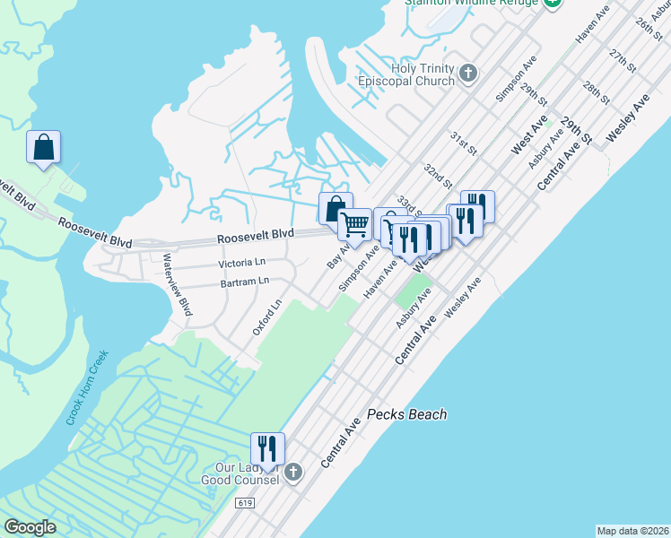 map of restaurants, bars, coffee shops, grocery stores, and more near 3505 Bay Avenue in Ocean City