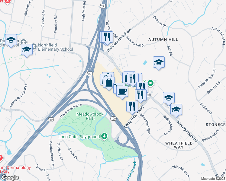 map of restaurants, bars, coffee shops, grocery stores, and more near 4310 Montgomery Road in Ellicott City