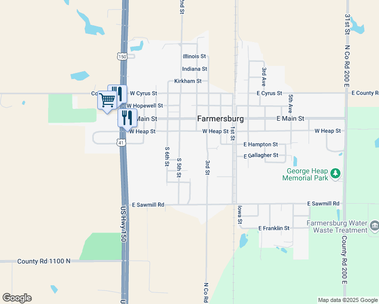 map of restaurants, bars, coffee shops, grocery stores, and more near 303 South 5th Street in Farmersburg