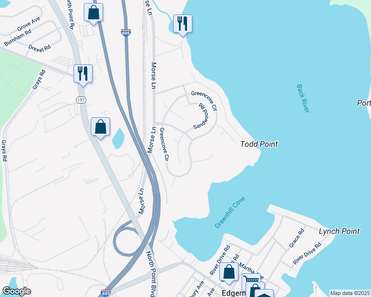 map of restaurants, bars, coffee shops, grocery stores, and more near 4607 Greencove Circle in Sparrows Point