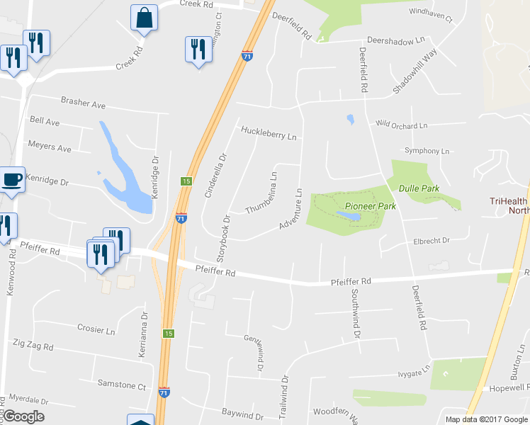 map of restaurants, bars, coffee shops, grocery stores, and more near 7245 Thumbelina Lane in Cincinnati