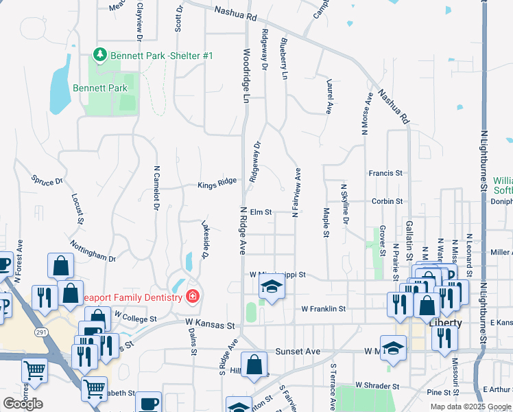 map of restaurants, bars, coffee shops, grocery stores, and more near 730 Elm Street in Liberty