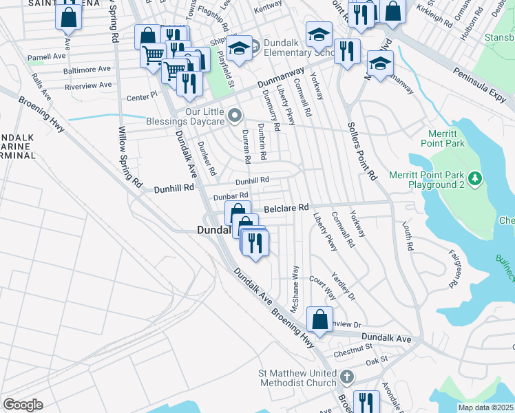 map of restaurants, bars, coffee shops, grocery stores, and more near 7004 Belclare Road in Dundalk
