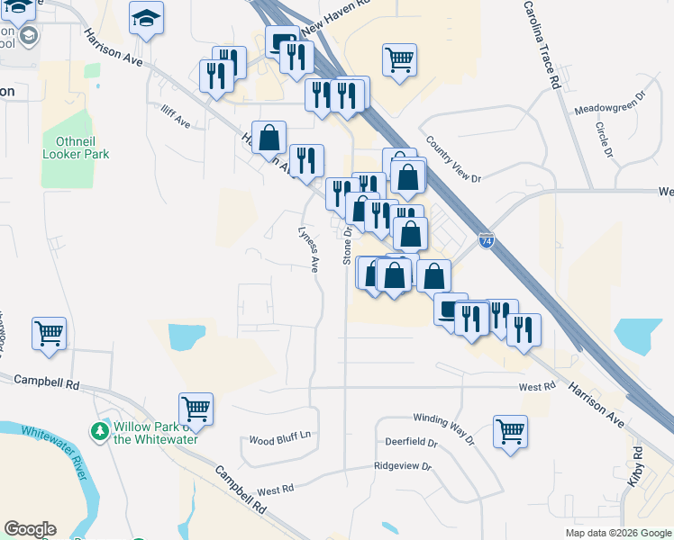 map of restaurants, bars, coffee shops, grocery stores, and more near 1384 Stone Drive in Harrison