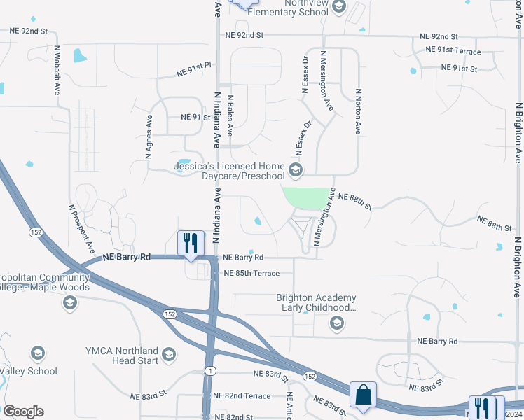 map of restaurants, bars, coffee shops, grocery stores, and more near 8799 North Cleveland Avenue in Kansas City