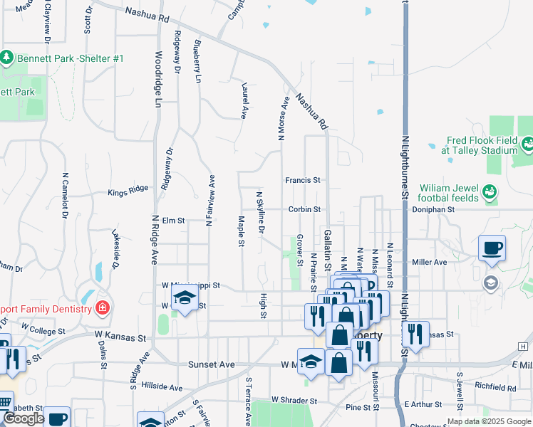 map of restaurants, bars, coffee shops, grocery stores, and more near 555 North Skyline Drive in Liberty