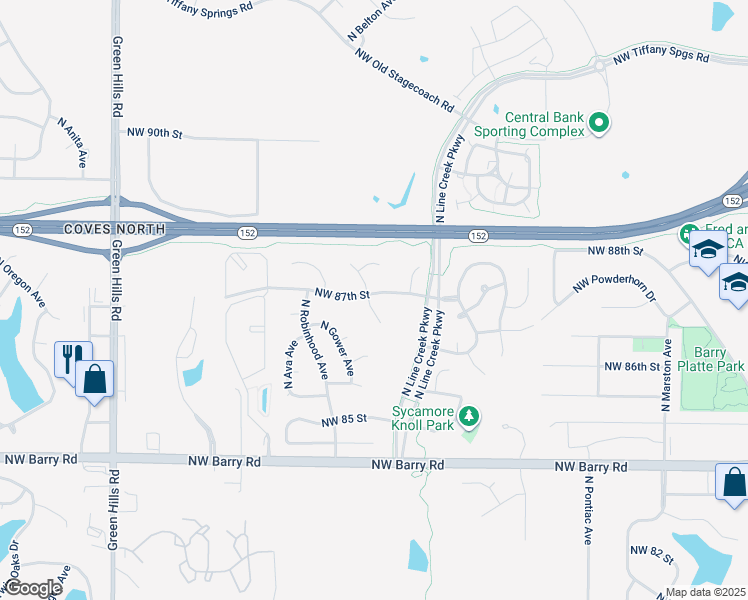 map of restaurants, bars, coffee shops, grocery stores, and more near 3327 Northwest 87th Street in Kansas City