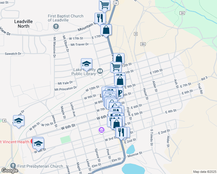 map of restaurants, bars, coffee shops, grocery stores, and more near 912 Harrison Avenue in Leadville