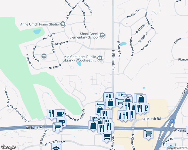 map of restaurants, bars, coffee shops, grocery stores, and more near 8770 North Laurel Avenue in Kansas City