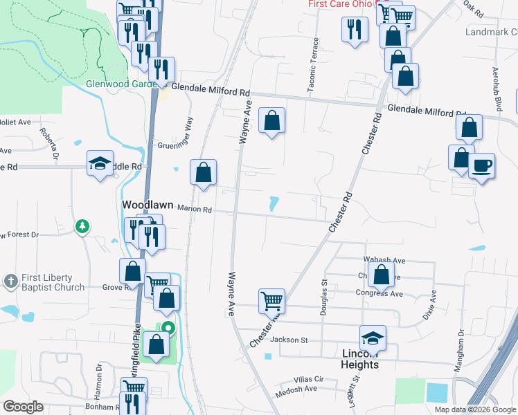 map of restaurants, bars, coffee shops, grocery stores, and more near 492 Marion Road in Cincinnati