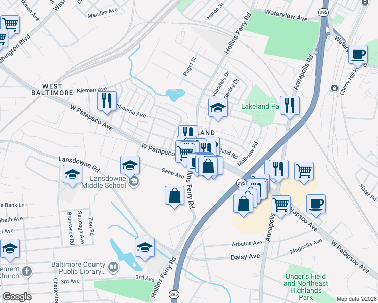 map of restaurants, bars, coffee shops, grocery stores, and more near 3110 Hollins Ferry Road in Baltimore