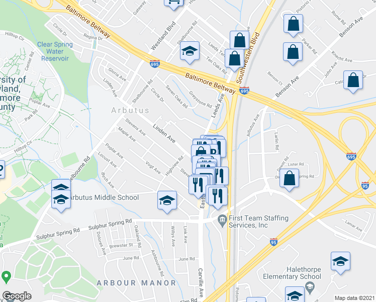 map of restaurants, bars, coffee shops, grocery stores, and more near 1268 Linden Avenue in Halethorpe