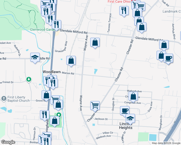 map of restaurants, bars, coffee shops, grocery stores, and more near 492 Marion Road in Cincinnati