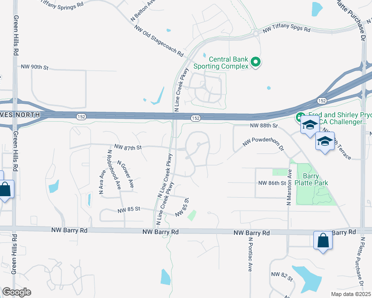 map of restaurants, bars, coffee shops, grocery stores, and more near 3028 Northwest 87th Street in Kansas City