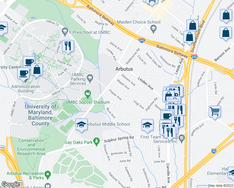 map of restaurants, bars, coffee shops, grocery stores, and more near 1206 Poplar Avenue in Halethorpe