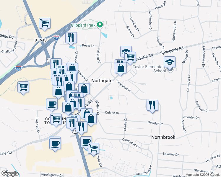 map of restaurants, bars, coffee shops, grocery stores, and more near 9864 Dunlap Drive in Cincinnati