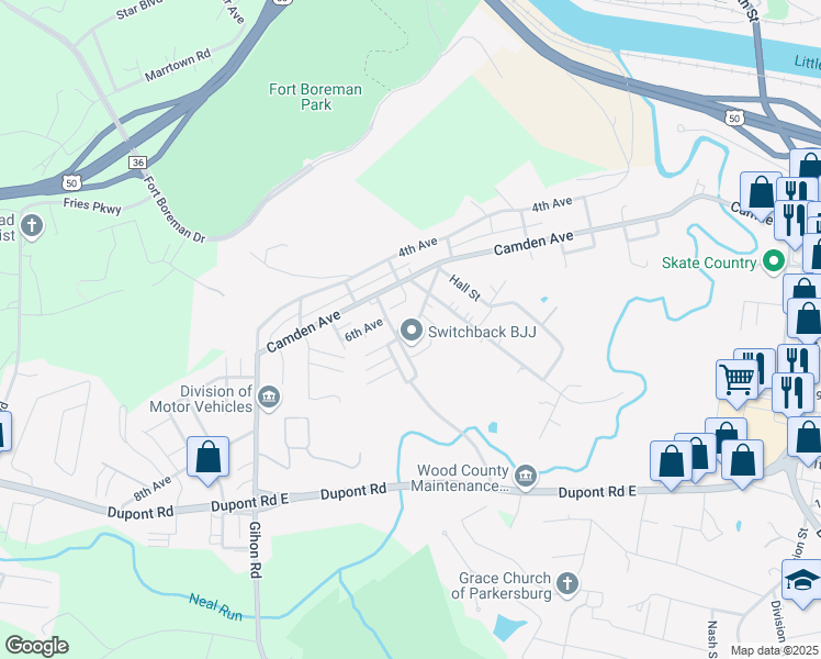 map of restaurants, bars, coffee shops, grocery stores, and more near 716 7th Avenue in Parkersburg