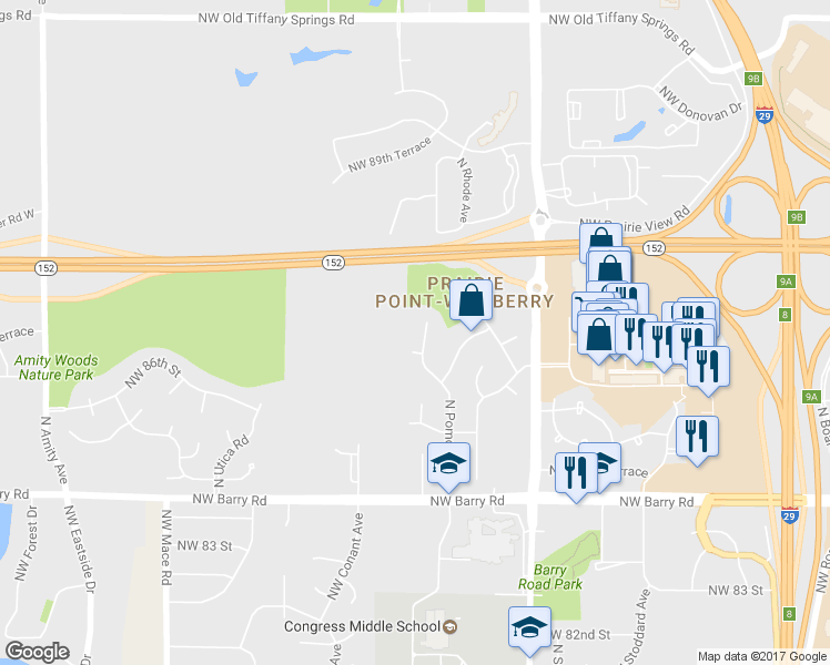 map of restaurants, bars, coffee shops, grocery stores, and more near 8708 North Pomona Avenue in Kansas City