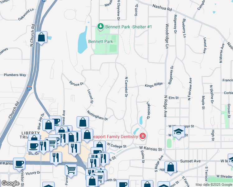 map of restaurants, bars, coffee shops, grocery stores, and more near 432 Kings Ridge in Liberty