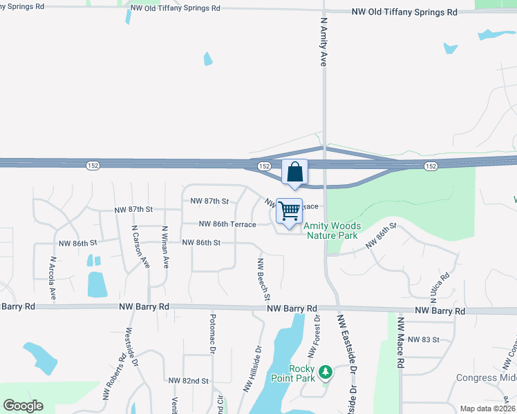 map of restaurants, bars, coffee shops, grocery stores, and more near 9503 Northwest 87th Terrace in Kansas City