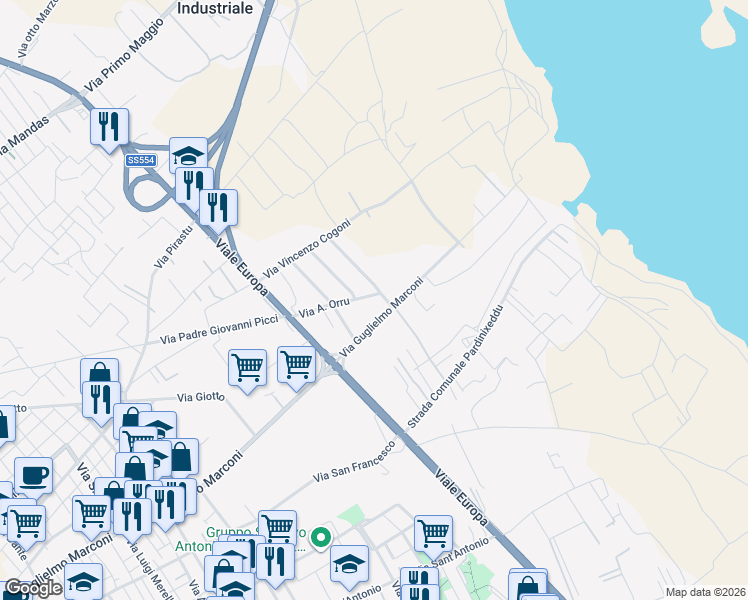 map of restaurants, bars, coffee shops, grocery stores, and more near 2 Via dei Maestri del Lavoro in Quartu Sant'Elena