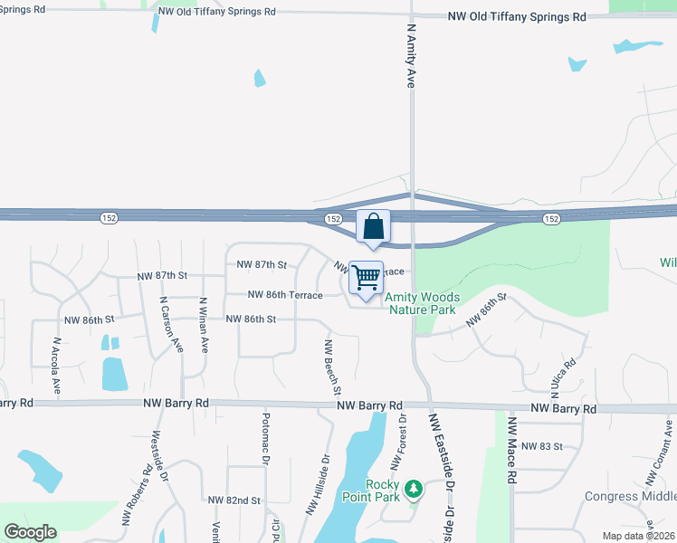 map of restaurants, bars, coffee shops, grocery stores, and more near 9503 Northwest 87th Terrace in Kansas City