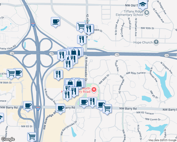 map of restaurants, bars, coffee shops, grocery stores, and more near 8715 North Helena Avenue in Kansas City